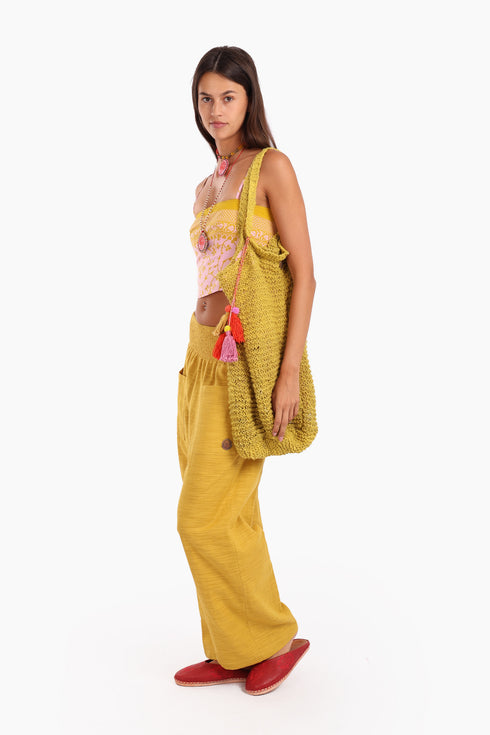 Hand knitted bag in linen yarn with inside pockets